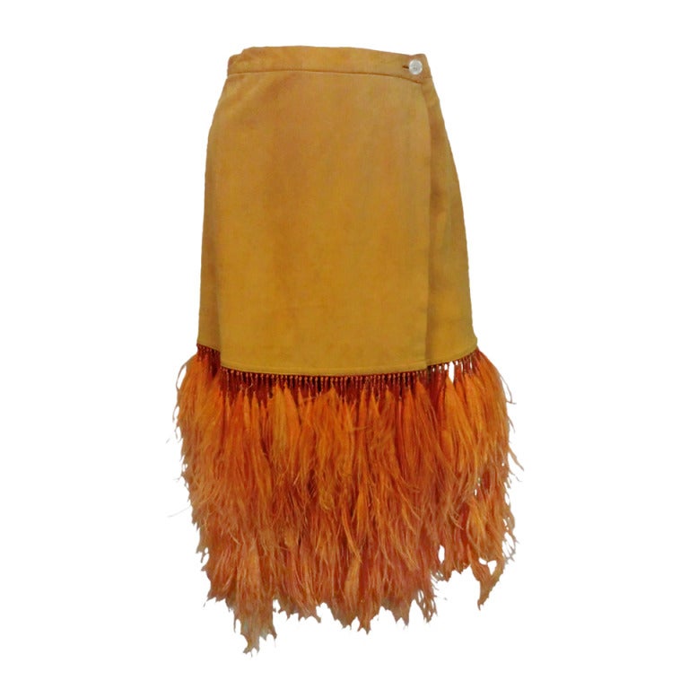 Anna Tzrebinski Orange Suede Skirt w/ Hand-Tied Ostrich Feather Fringe