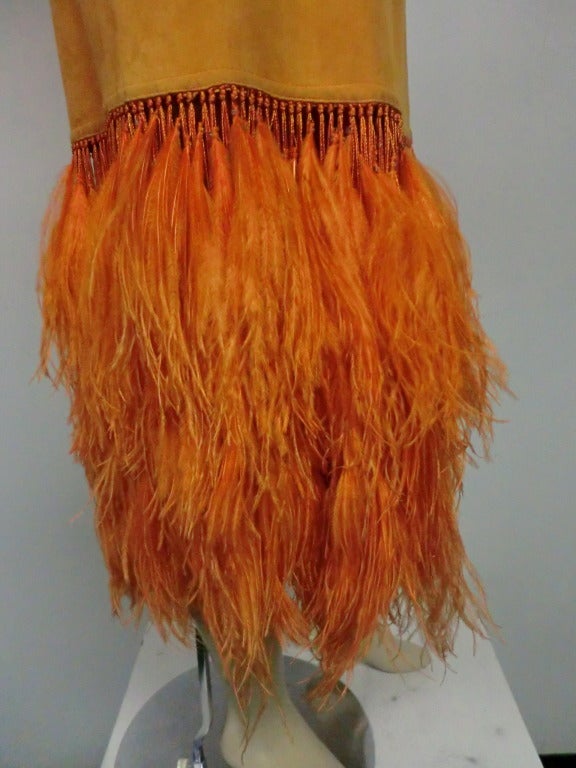 Anna Tzrebinski Orange Suede Skirt w/ Hand-Tied Ostrich Feather Fringe In Excellent Condition In Gresham, OR