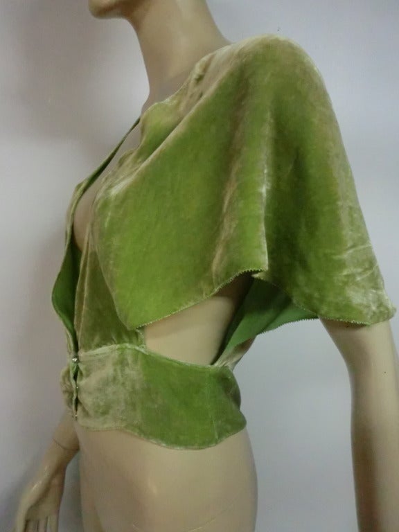 Women's 1920's Art Deco Pistachio Silk Velvet Evening Bolero