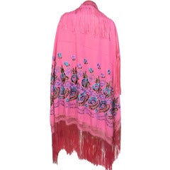 Antique 1950's Bolivian Embroidered Fuchsia Fringed Shawl