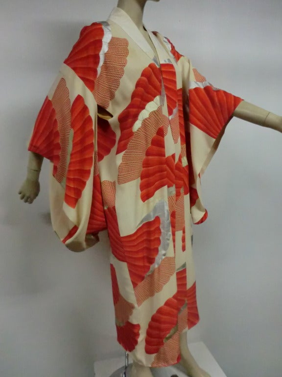 1930's Silk Printed Fan Pattern Kimono w/ Metallics