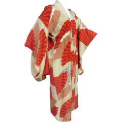 Antique 1930's Silk Printed Fan Pattern Kimono w/ Metallics