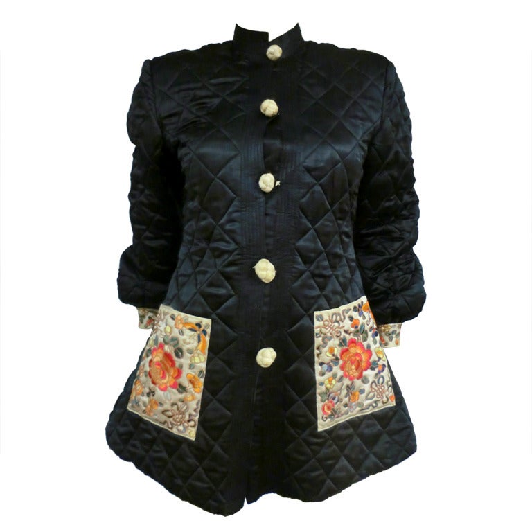 1920's Art Deco Chinese Quilted Silk Satin and Embroidered Jacket