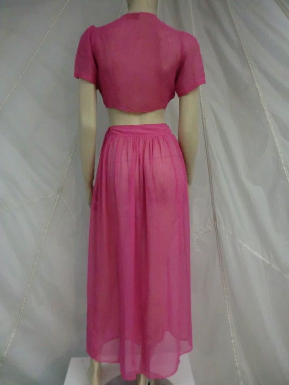 Pink 1930's Fuchsia Voile 2-Piece Lounging Set w/ Tie Front