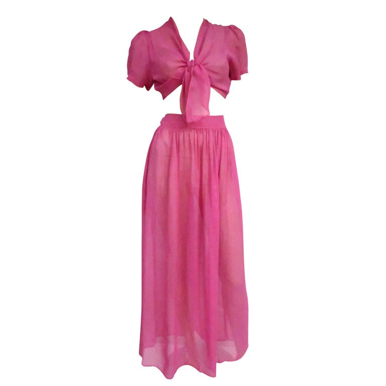 1930's Fuchsia Voile 2-Piece Lounging Set w/ Tie Front