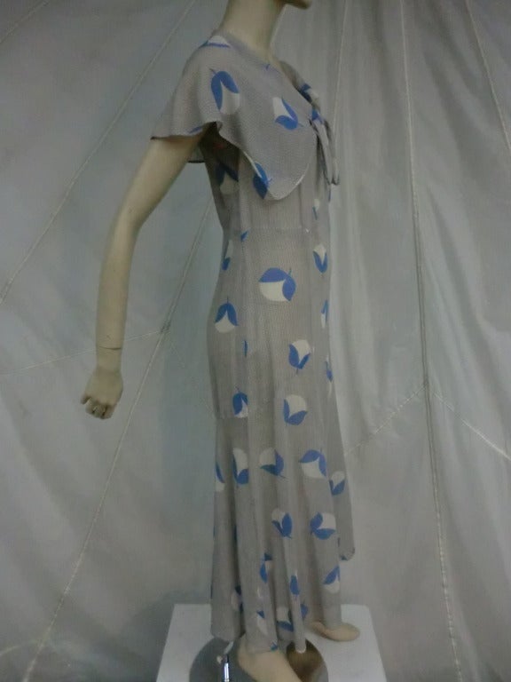 Gray Art Deco 1920's Abstract Floral Print Cotton Voile Dress w/ Capelet