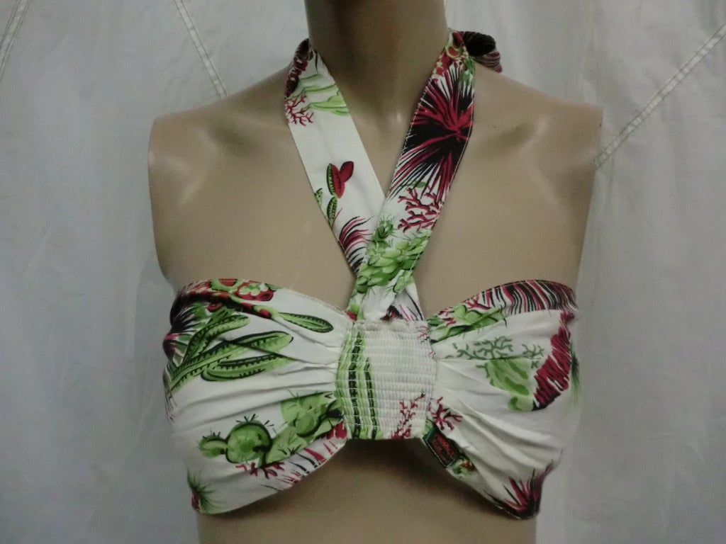 A sexy tropical print 1970's Fiorucci bandeau top with neck tying halter strap. Elasticized at back closure