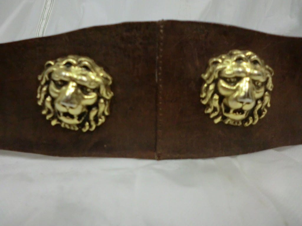 Women's or Men's 1970's Leather Belt w/ Elaborate Gold Tone Buckle and Lion's Heads