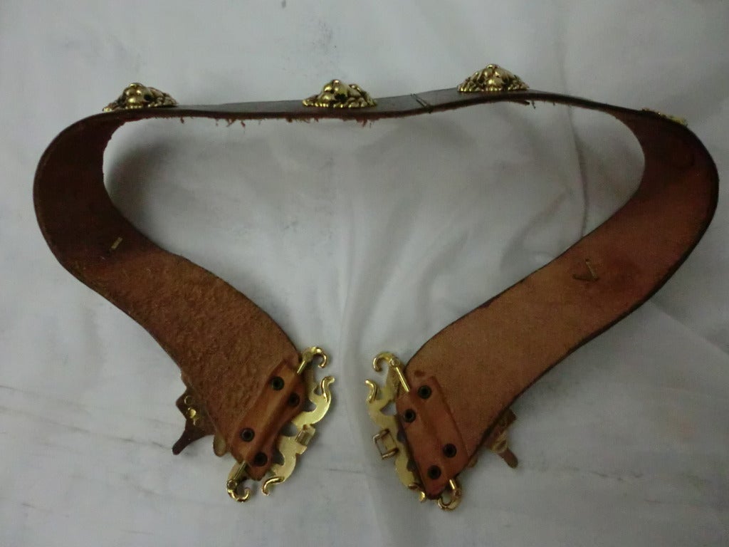 1970's Leather Belt w/ Elaborate Gold Tone Buckle and Lion's Heads 2