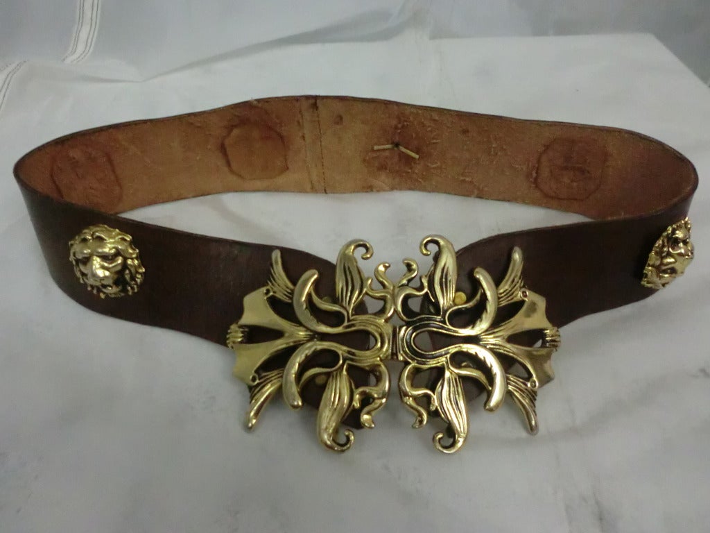 1970's Leather Belt w/ Elaborate Gold Tone Buckle and Lion's Heads 3