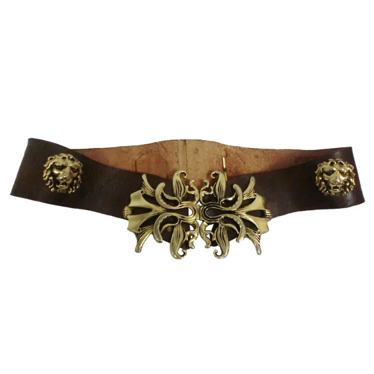 1970's Leather Belt w/ Elaborate Gold Tone Buckle and Lion's Heads