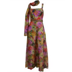 Late 1960's Gumps Arabesque Print Silk Jumpsuit w/ Sequined Belt and Scarf 4