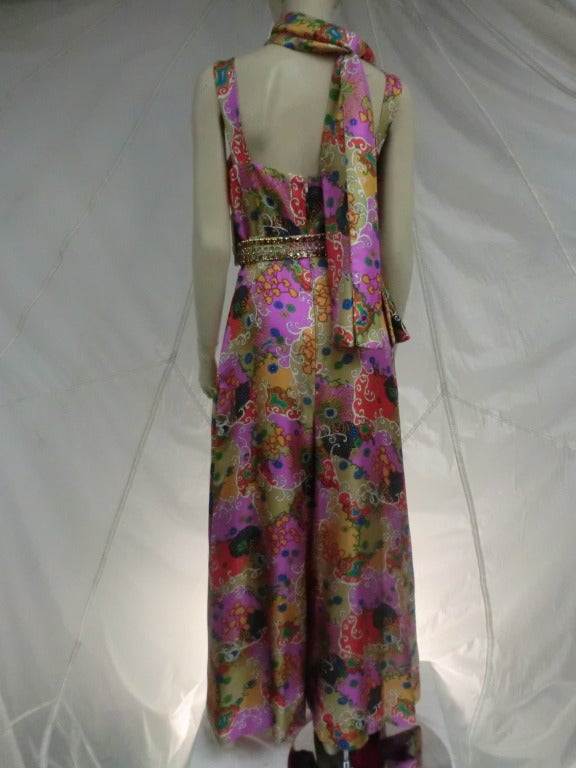 Late 1960's Gumps Arabesque Print Silk Jumpsuit w/ Sequined Belt and ...