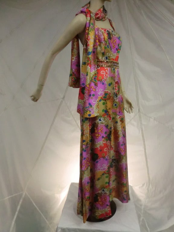 Brown Late 1960's Gumps Arabesque Print Silk Jumpsuit w/ Sequined Belt and Scarf