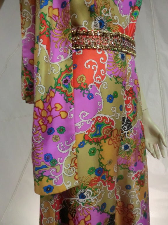 Late 1960's Gumps Arabesque Print Silk Jumpsuit w/ Sequined Belt and Scarf In Excellent Condition In Gresham, OR