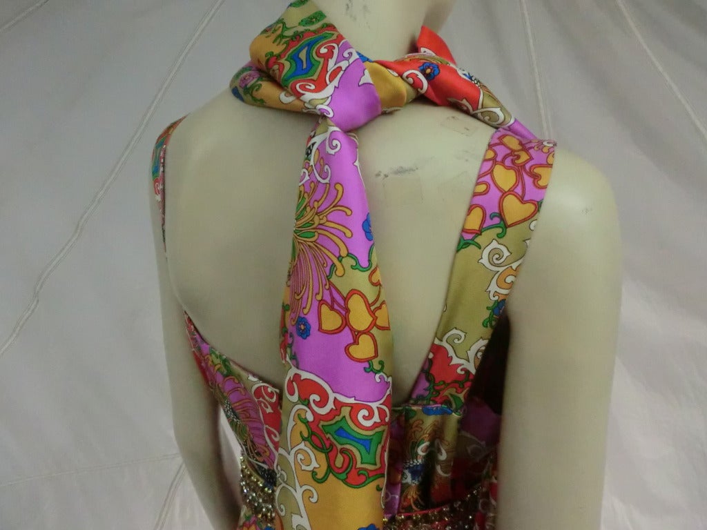 Women's Late 1960's Gumps Arabesque Print Silk Jumpsuit w/ Sequined Belt and Scarf