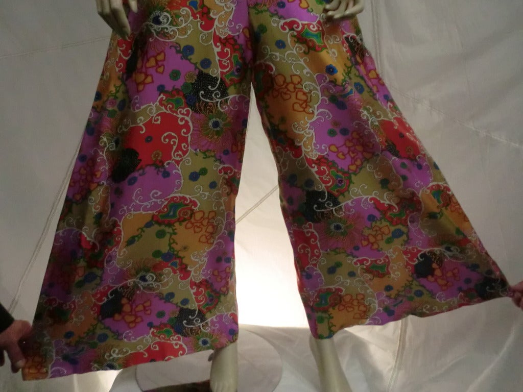 Late 1960's Gumps Arabesque Print Silk Jumpsuit w/ Sequined Belt and Scarf 1