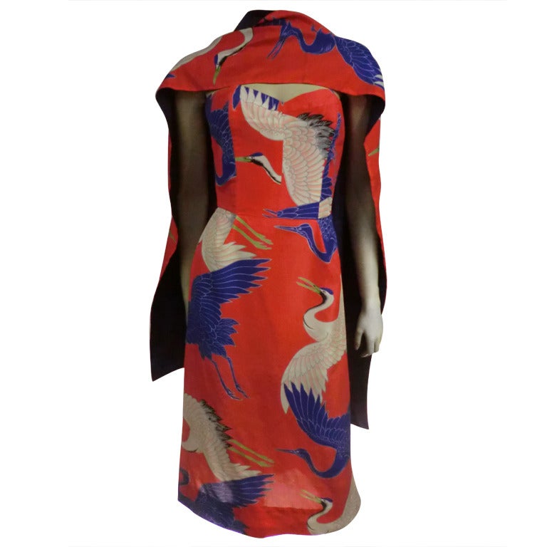 1950's Pauline Lake Ibis Print Silk Strapless Dress and Wrap