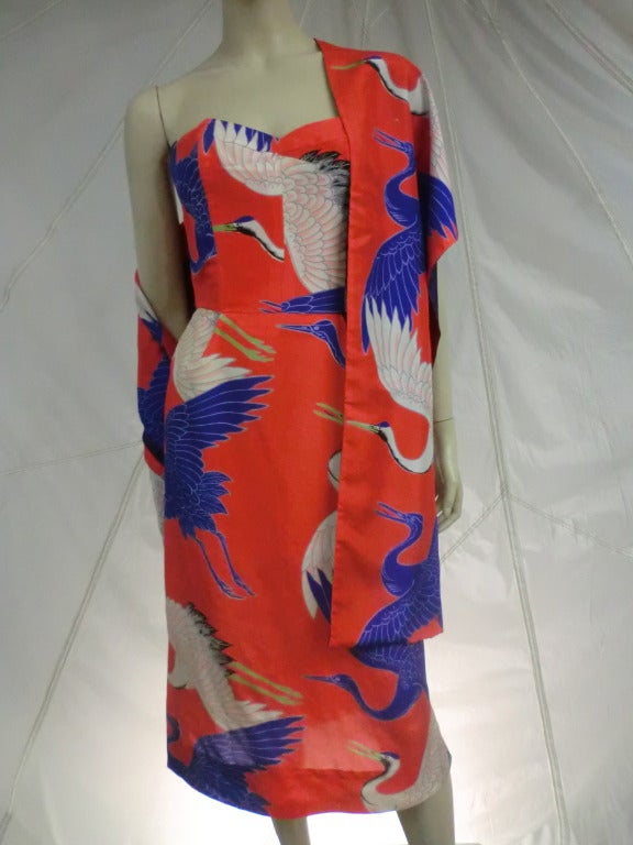 1950's Pauline Lake strapless dress in red, white and blue ibis print:  strapless sheath, with matching wrap.  Sold at the Royal Hawaiian Hotel.