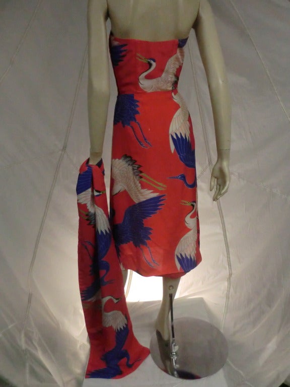 1950's Pauline Lake Ibis Print Silk Strapless Dress and Wrap In Excellent Condition In Gresham, OR