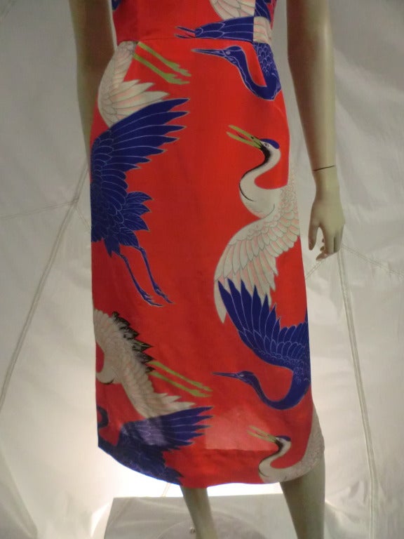 Women's 1950's Pauline Lake Ibis Print Silk Strapless Dress and Wrap