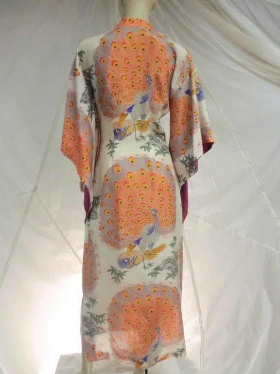1950's Polynesian Peacock Print Hostess Gown with Dramatic Sleeves In Excellent Condition In Gresham, OR