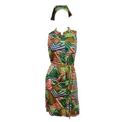 1960's Tiki Print Cotton Sleeveless Shift with Matching Print Bandana 10