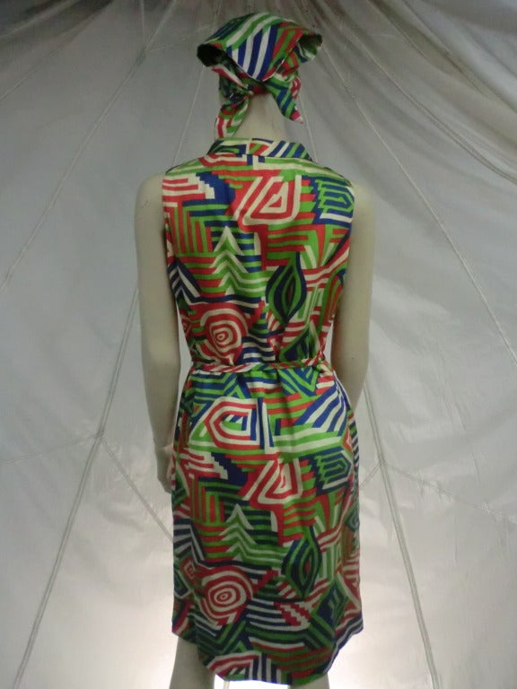 Brown 1960's Tiki Print Cotton Sleeveless Shift with Matching Print Bandana