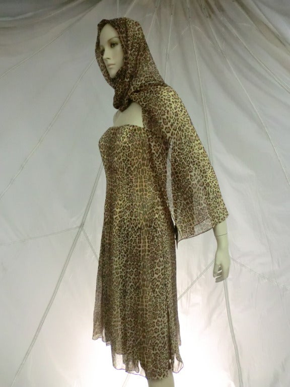Brown Halston Leopard Chiffon Strapless Dress w/ Foulard
