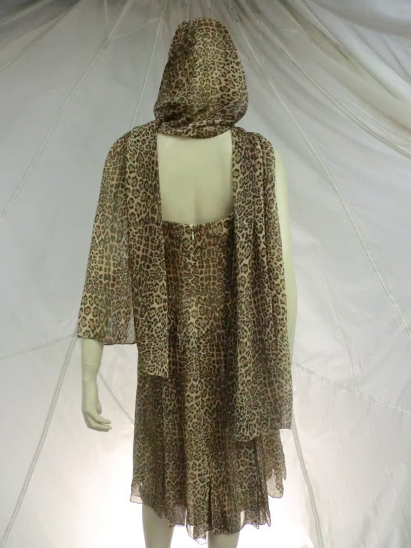 Halston Leopard Chiffon Strapless Dress w/ Foulard In New Condition In Gresham, OR