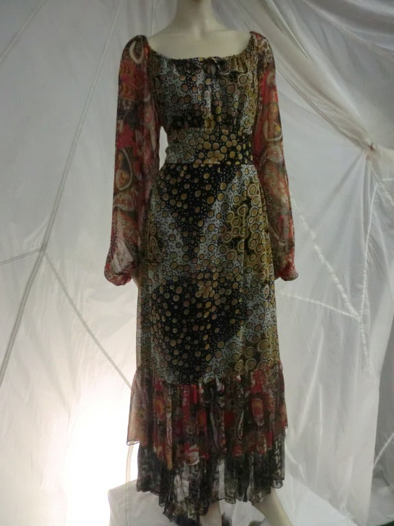 Incredible Scott Barrie Hippy Inspired Boho Maxi Dress with balloon sleeves and off shoulder tie neckline.

Fully lined with chiffon print hemline