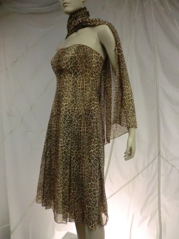 Halston Leopard Chiffon Strapless Dress w/ Foulard 1