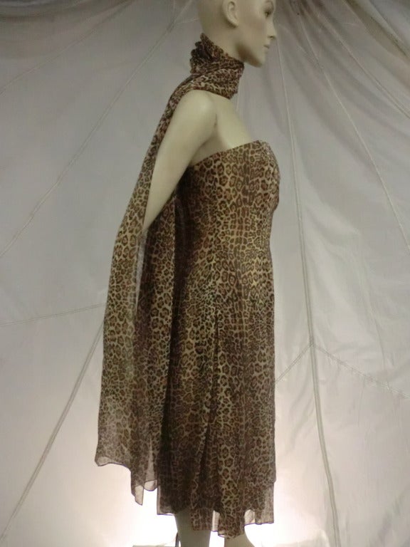 Halston Leopard Chiffon Strapless Dress w/ Foulard 2