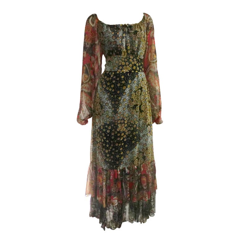 1970's Scott Barrie Chiffon Boho Maxi Dress