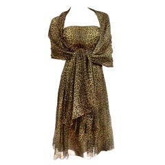 Halston Leopard Chiffon Strapless Dress w/ Foulard 1