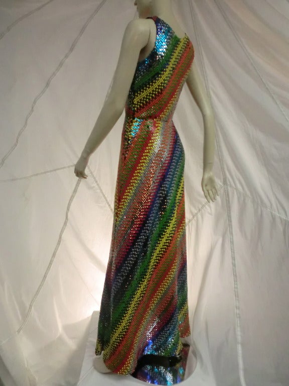 Women's 1970's Couture André Laug Rainbow Sequined Disco Gown