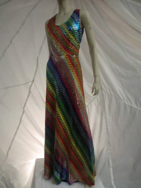 1970's Couture André Laug Rainbow Sequined Disco Gown In Excellent Condition In Gresham, OR