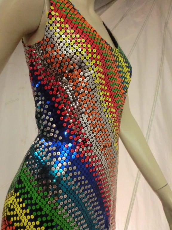 1970's Couture André Laug Rainbow Sequined Disco Gown 3