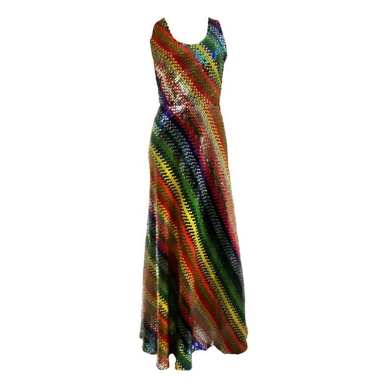 1970's Couture André Laug Rainbow Sequined Disco Gown
