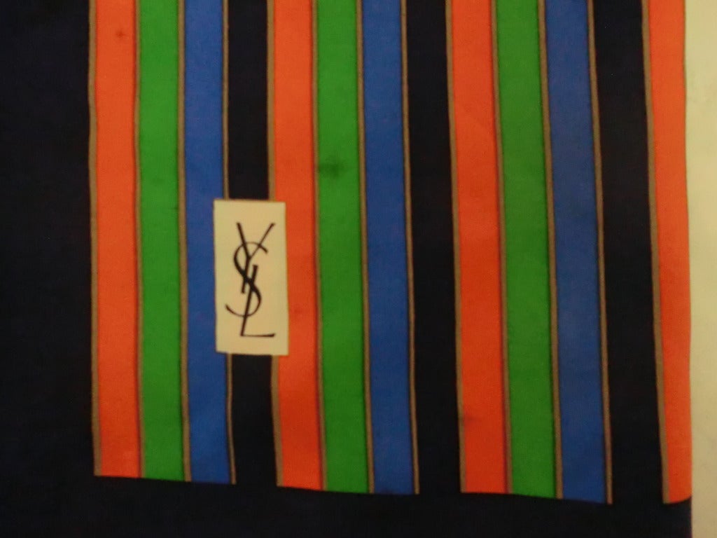 Black 1970's Yves Saint Laurent Silk Scarf Hand-Rolled Hem Multicolor Stripes