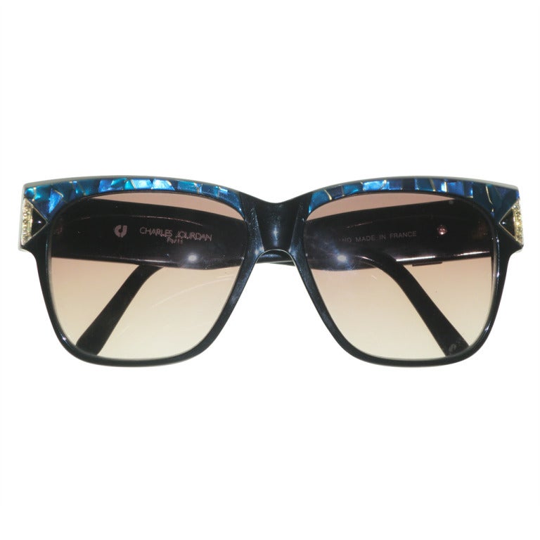 1970's Charles Jourdan Sunglasses in Black and Turquoise Faux Mother of Pearl