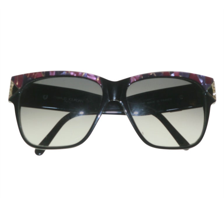 1970's Charles Jourdan Sunglasses in Black and Magenta Faux Mother of Pearl