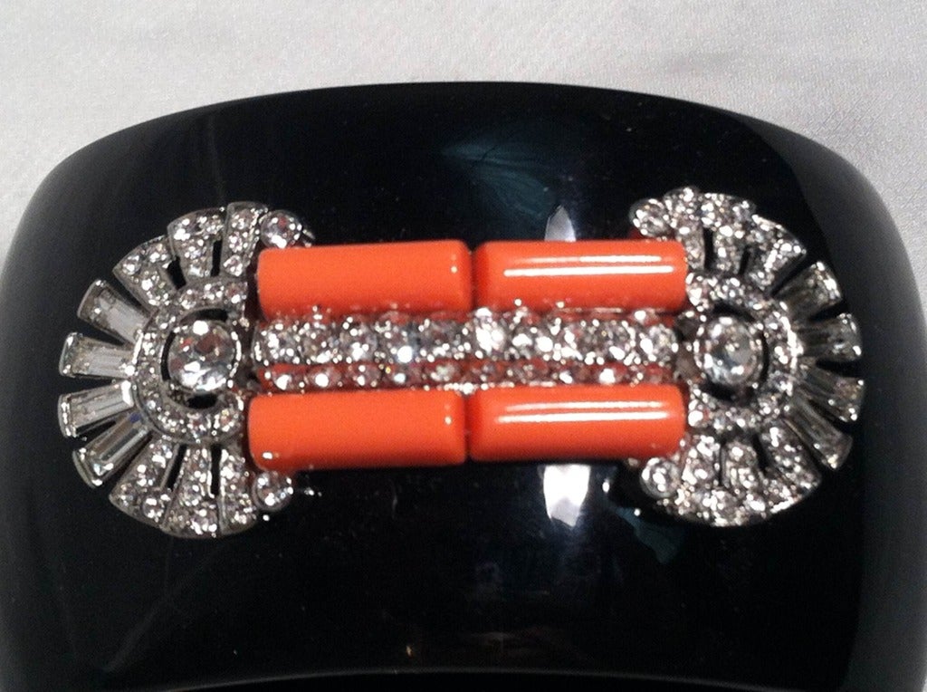 Women's Kenneth Jay Lane Art Deco Style Wide Hinged Bracelet w/ Rhinestones