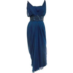 1960s Royal Blue Silk Chiffon Draped "Grecian" Style Gown w/ Jeweled Cummerbund 4