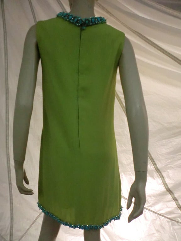 1960s Mod Cocktail Dress In Lime Green w/ Turquoise Beaded Neck and Hem In Excellent Condition In Gresham, OR