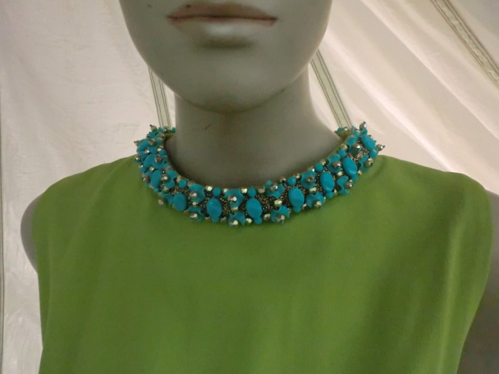 Women's 1960s Mod Cocktail Dress In Lime Green w/ Turquoise Beaded Neck and Hem