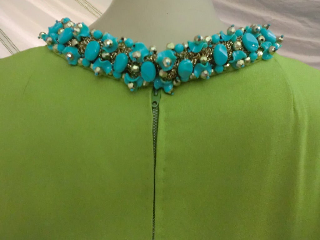 1960s Mod Cocktail Dress In Lime Green w/ Turquoise Beaded Neck and Hem 1