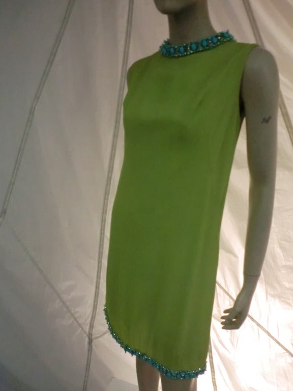 1960s Mod Cocktail Dress In Lime Green w/ Turquoise Beaded Neck and Hem 2