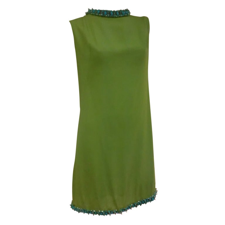 1960s Mod Cocktail Dress In Lime Green w/ Turquoise Beaded Neck and Hem