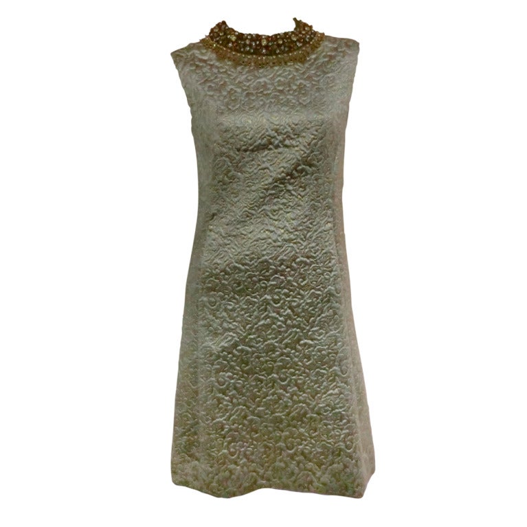 1960s Metallic Brocade Shift Dress with "Egyptian" Inspired Jeweled Collar